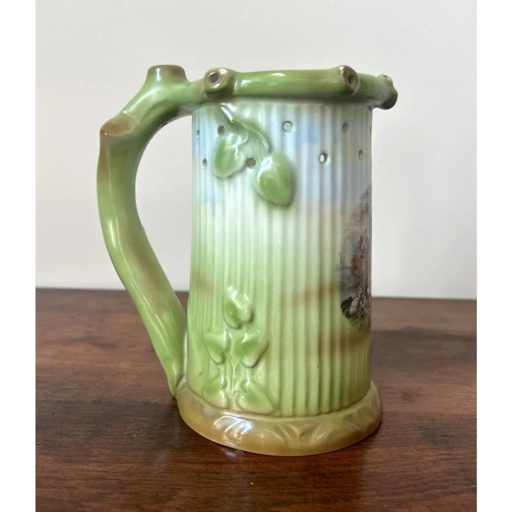 Antique German Puzzle Beer Stein Mug Hand Painted Porcelain Pastoral Scene 7